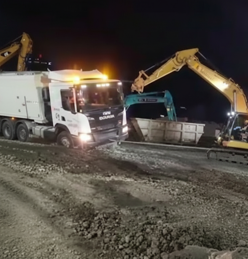 Construction site with vehicles and equipment at night